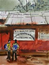 Children at the Bakery, Panchgani, Panchgani, Painting by Chitra Vaidya, Watercolour  and ink on Paper, 6.75  x  4.75  inches