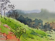 In the Hills - I, Painting by Chitra Vaidya, Watercolour and ink on Paper, 5 x  7  inches