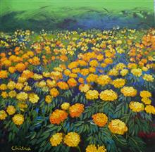 Marigold Fields IV, Painting by Chitra Vaidya, Acrylic on Canvas,  12 x 12  inches