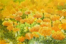 Marigold Fields V, Painting by Chitra Vaidya, Mixed Media on Paper ,  7 x 10.5  inches