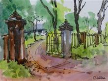 School Gate, Panchgani - IV, Panchgani Painting by Chitra Vaidya, Watercolour and ink on Paper, 5 x 7  inches