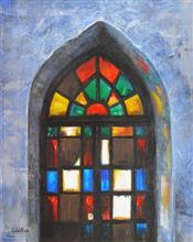 Stained Glass at Church, Painting by Chitra Vaidya, Acrylic on Canvas, 20 x 16  inches
