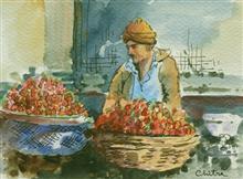 Strawberry Seller, Painting by Chitra Vaidya, Watercolour and ink on Paper,  4.5 x 6.5 inches 