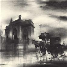 Colours of Life, Monsoon in Mumbai, Painting by Ajay De, Charcoal on Paper, 20 X 20 inches