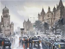 Colours of Life, CST in Mumbai painting by Ananta Mandal, Watercolour on Paper, 40 X 30 inches