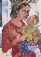 Colours of Life, Mother and child painting by Gurcharan Singh, Acrylic on paper, 22 X 32 inches
