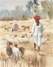 Colours of Life, Care taker by Kishor Nadavdekar, Watercolour on papers, 21 X 27 inches