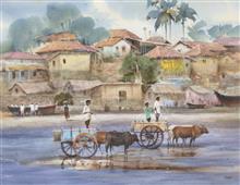Colours of Life, Way to bazaar by Kishor Nadavdekar, Watercolour on paper, 27 X 21 inches