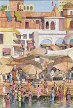 Colours of Life, Banaras ghat by Madhusudan Kelkar, Oil on canvas, 30 X 42 inches