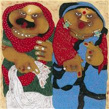 Colours of Life, Couple - I,  painting by Shyamal Mukherjee, Oil on acrylic sheet, 20 x 20 inches