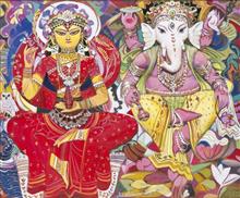 Colours of Life, Laxmi Ganesha,  painting by Subrata Gangopadhyay, Acrylic on canvas, 36 x 30 inches