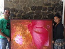 Nupur Sinha and Shubhankar Tiwari with her paintings at Indiaart Gallery, Pune