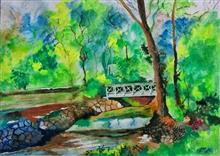 Bridge on Stream, Painting by Narendra Gangakhedkar, Watercolor on paper, 12 x 16   inches