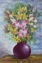 Vase of orchids, Painting by Lasya Upadhyaya, Acrylic on canvas board, 22 x 15 inches
