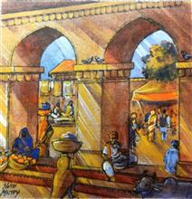 Busy Market, painting by Natu Mistry, Acrylic on Canvas, 12 x 12 inches