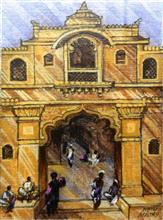 Mandir Gate, painting by Natu Mistry, Acrylic on Canvas, 8 x 6 inches 