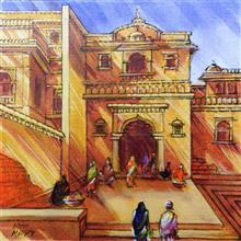 Palace gate, painting by Natu Mistry, Acrylic on Canvas, 12 x 12 inches