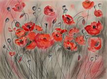 Dancing poppies, Painting by Manju Srivatsa, Mixed media on Paper, 12 x 16 inches