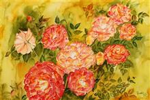 Orange Burst Roses, Painting by Manju Srivatsa, Watercolour on Paper, 15 x 22   inches
