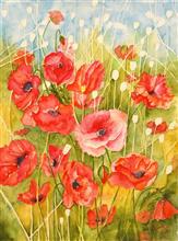 Poppies and Pods, Painting by Manju Srivatsa, Watercolour on Paper, 16 x 12  inches