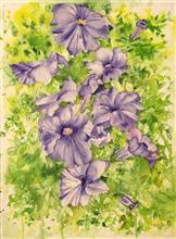 Purple Petunias, Painting by Manju Srivatsa, Watercolour on Paper, 15 x 11   inches