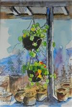 At Somerset Lodge Mukteshwar - 1, painting by Chitra Vaidya, Ink & Watercolour on Paper, 9.5 x 6.5 inches, Mount - 12 x 9.5 inches