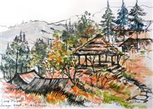 Camp Purple, Mukteshwar, Kumaon, painting by Chitra Vaidya, Ink & Watercolour on Paper, 8 x 10.5 inches, Mount - 11 x 14  inches