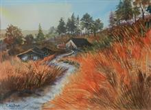 Golden Grass Kumaon - 2, painting by Chitra Vaidya, Watercolour on Paper, 8 x 11 inches, Mount - 11 x 14 inches