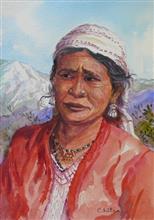 Kumaoni Woman - 2, painting by Chitra Vaidya, Mix Media on paper, 9.5 x 6.5 inches, Mount - 12 x 9.5 inches
