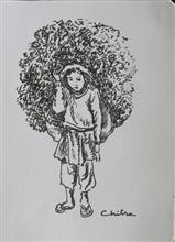 Kumaoni People - 5, sketch by Chitra Vaidya, Ink & Pen on Paper, 8 x 11.5 inches, Mount - 11 x 14 inches