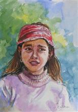 Kumaoni Girl, painting by Chitra Vaidya,  Mix Media on paper, 9.5 x 6.5 inches, Mount - 12 x 9.5 inches