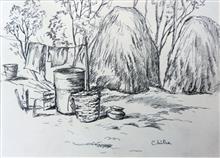 Rural Life in Kumaon - 4, sketch by Chitra Vaidya, Ink & Charcoal on Paper, 8 x 10.5 inches, 11 x 14 inches
