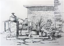 Rural Life in Kumaon - 5, sketch by Chitra Vaidya, Ink & Charcoal on Paper, 8 x 10.5 inches, 11 x 14 inches