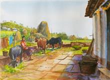 Rural Life in Kumaon - 3, painting by Chitra Vaidya, Watercolour on Paper, 10 x 14 inches, Mount - 14 x 18 inches