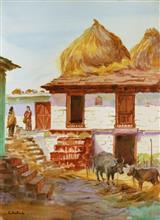 Rural Life in Kumaon - 1, painting by Chitra Vaidya, Watercolour on Paper, 14 x 10 inches, Mount - 18 x 14 inches
