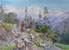 Rural Life in Kumaon - 2, painting by Chitra Vaidya, Watercolour on Paper, 10 x 14 inches, Mount - 14 x 18 inches