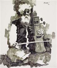 Old Man With Sarangi, painting by Anwar Husain, Acrylic on Canvas, 24 x 20 inches 
