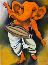 Ganesh in Rhythm, painting by Milon Mukherjee, Oil on Canvas, 41 x 30 inches