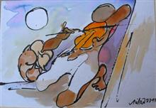 Fiddler on foot path, painting by Milon Mukherjee, Mixed Media on Paper, 36 x 40  inches