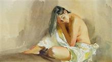 Semi Nude Wet Tresses, Painting by John Fernandes, Watercolour on Paper, 24 x 31 inches