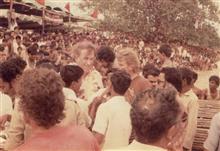 Everest conqueror Sir Edmund Hillary mobbed by crowds during the Indo-New Zealand jet boat expedition on the Ganges, Photo by Prem Vaidya