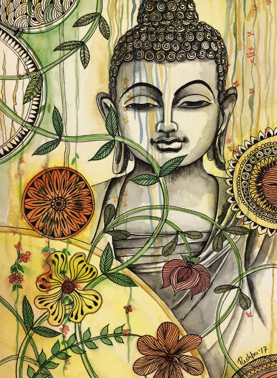Lord Buddha in Peace, Painting by Artist Pushpa Sharma, Watercolour and Pen on Paper , 12 x 8 inches