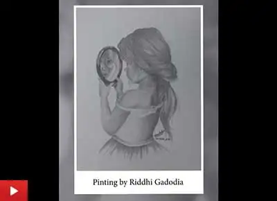 Girl holding a mirror drawing by Riddhi Gadodia (17 years)