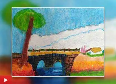 Scenery of house near the bridge, painting by Prisha Das (5 years)