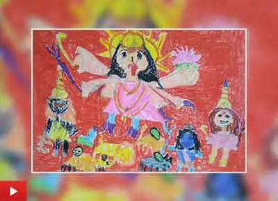 Maa Durga and kids, painting by Naithal Rahul (6 years)
