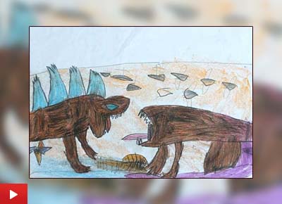 Godzilla fights with an angry creature, painting by Viswajith V (5 years)