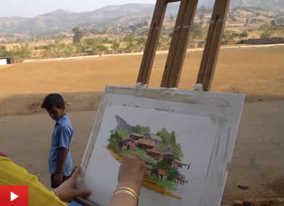 Painting demo of village painting in oil pastels by artist Chitra Vaidya