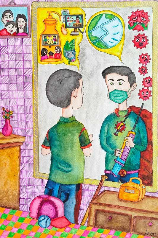painting of coronavirus vaccine superhero by Aaron Raj - medal winner in Khula Aasmaan art contest
