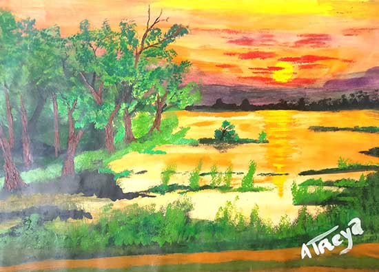 Painting of beautiful morning by Atreya Shukla - shortlisted in Khula Aasmaan art competition