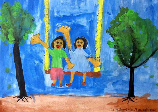 Fun in the woods - Best trip ever with my friend, painting by child artist Sai Nithya Geethika Thota